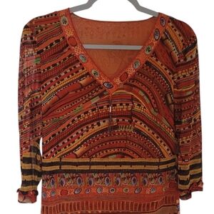 Vibrant Orange Patterned V-Neck Blouse